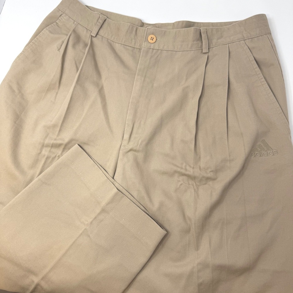 Vintage 90s Adidas Team Khaki Pleated Chinos Mens 34x31 Tan Cotton Pants